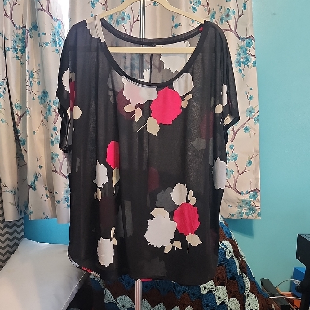Vintage Lane Bryant Black and Pink Sheer Floral Blouse